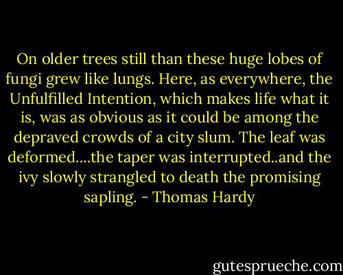 On older trees still than these huge lobes of fungi grew like lungs. Here, as everywhere, the Unfulfilled Intention, which makes life what it is, was as obvious as it could be among the depraved crowds of a city slum. The leaf was deformed....the taper was interrupted..and the ivy slowly strangled to death the promising sapling. - Thomas Hardy