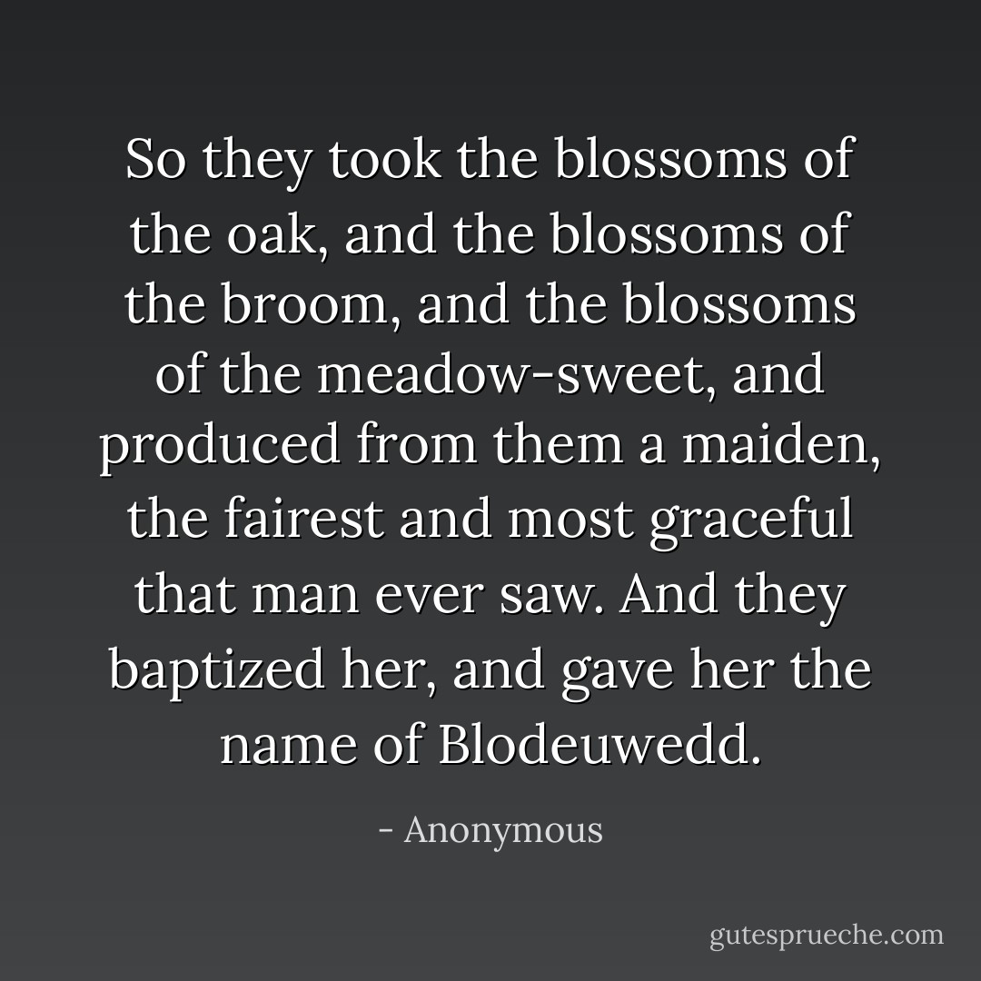 So they took the blossoms of the oak, and the blossoms of the broom, and the blossoms of the meadow-sweet, and produced from them a maiden, the fairest and most graceful that man ever saw. And they baptized her, and gave her the name of Blodeuwedd. - Anonymous