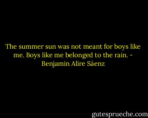 The summer sun was not meant for boys like me. Boys like me belonged to the rain. - Benjamin Alire Sáenz