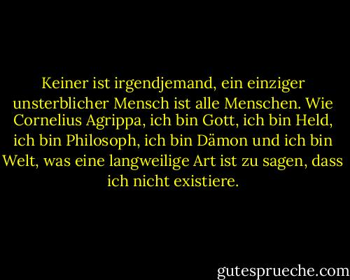 Keiner ist irgendjemand, ein einziger unsterblicher Mensch ist alle Menschen. Wie Cornelius Agrippa, ich bin Gott, ich bin Held, ich bin Philosoph, ich bin Dämon und ich bin Welt, was eine langweilige Art ist zu sagen, dass ich nicht existiere. - Jorge Luis Borges<