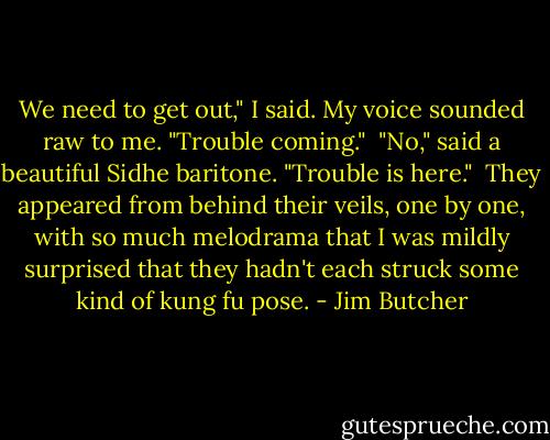 We need to get out," I said. My voice sounded raw to me. "Trouble coming."<br /><br />"No," said a beautiful Sidhe baritone. "Trouble is here."<br /><br />They appeared from behind their veils, one by one, with so much melodrama that I was mildly surprised that they hadn't each struck some kind of kung fu pose. - Jim Butcher