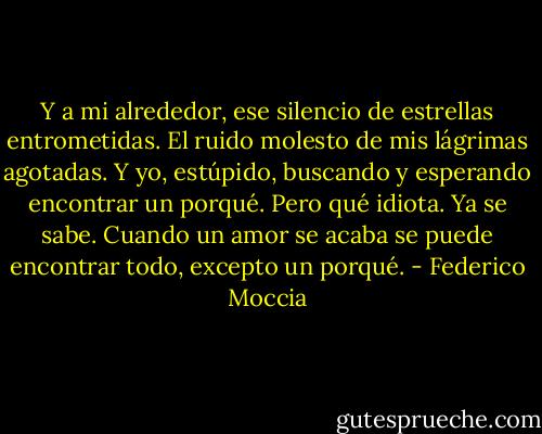 Y a mi alrededor, ese silencio de estrellas entrometidas. El ruido molesto de mis lágrimas agotadas. Y yo, estúpido, buscando y esperando encontrar un porqué. Pero qué idiota. Ya se sabe. Cuando un amor se acaba se puede encontrar todo, excepto un porqué. - Federico Moccia