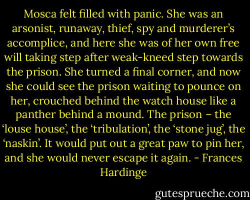 Mosca felt filled with panic. She was an arsonist, runaway, thief, spy and murderer’s accomplice, and here she was of her own free will taking step after weak-kneed step towards the prison. She turned a final corner, and now she could see the prison waiting to pounce on her, crouched behind the watch house like a panther behind a mound. The prison – the ‘louse house’, the ‘tribulation’, the ‘stone jug’, the ‘naskin’. It would put out a great paw to pin her, and she would never escape it again. - Frances Hardinge