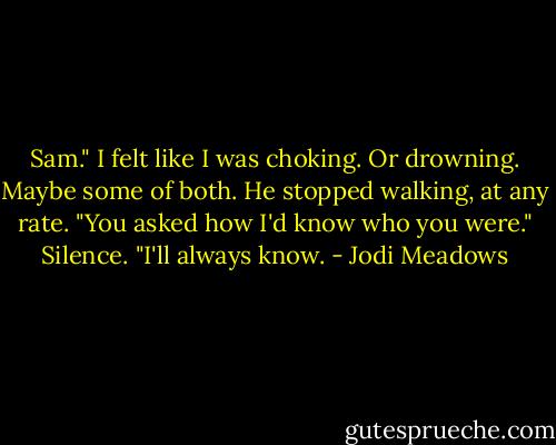 Sam." I felt like I was choking. Or drowning. Maybe some of both. He stopped walking, at any rate. "You asked how I'd know who you were."<br />Silence.<br />"I'll always know. - Jodi Meadows