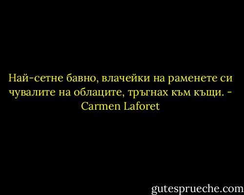 Най-сетне бавно, влачейки на раменете си чувалите на облаците, тръгнах към къщи. - Carmen Laforet