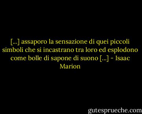 [...] assaporo la sensazione di quei piccoli simboli che si incastrano tra loro ed esplodono come bolle di sapone di suono [...] - Isaac Marion