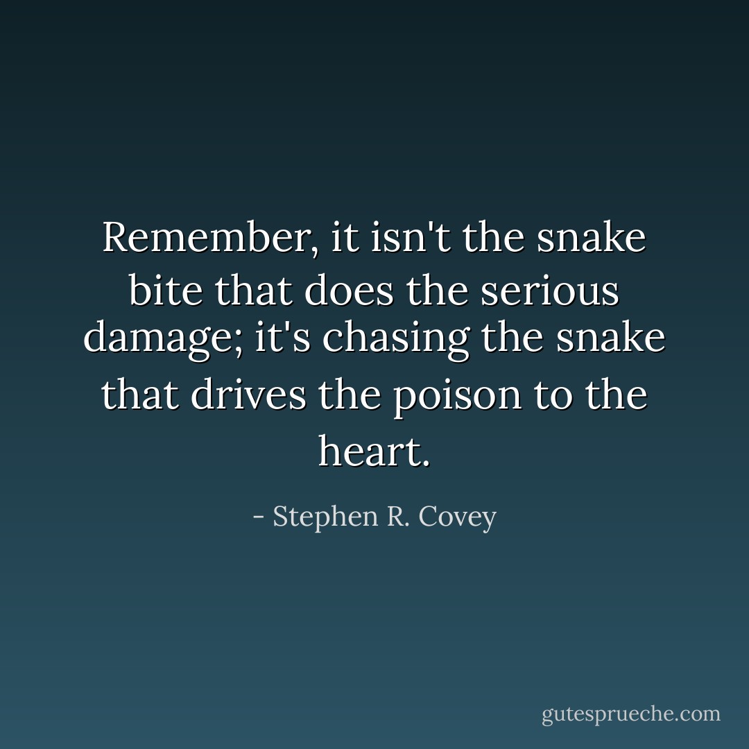Remember, it isn't the snake bite that does the serious damage; it's chasing the snake that drives the poison to the heart. - Stephen R. Covey