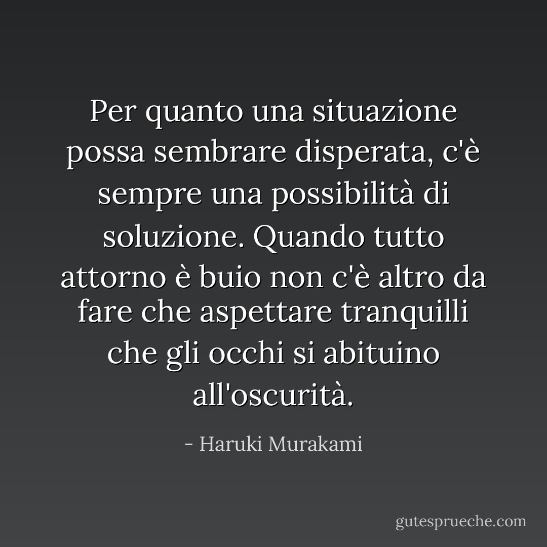 Per quanto una situazione possa sembrare disperata, c'è sempre una possibilità di soluzione. Quando tutto attorno è buio non c'è altro da fare che aspettare tranquilli che gli occhi si abituino all'oscurità. - Haruki Murakami