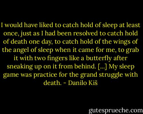 I would have liked to catch hold of sleep at least once, just as I had been resolved to catch hold of death one day, to catch hold of the wings of the angel of sleep when it came for me, to grab it with two fingers like a butterfly after sneaking up on it from behind. [...] My sleep game was practice for the grand struggle with death. - Danilo Kiš