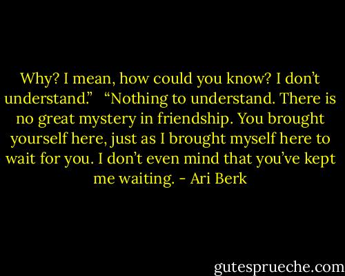 Why? I mean, how could you know? I don’t understand.” <br /><br />“Nothing to understand. There is no great mystery in friendship. You brought yourself here, just as I brought myself here to wait for you. I don’t even mind that you’ve kept me waiting. - Ari Berk