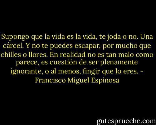 Supongo que la vida es la vida, te joda o no. Una cárcel. Y no te puedes escapar, por mucho que chilles o llores. En realidad no es tan malo como parece, es cuestión de ser plenamente ignorante, o al menos, fingir que lo eres. - Francisco Miguel Espinosa