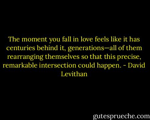 The moment you fall in love feels like it has centuries behind it, generations—all of them rearranging themselves so that this precise, remarkable intersection could happen. - David Levithan