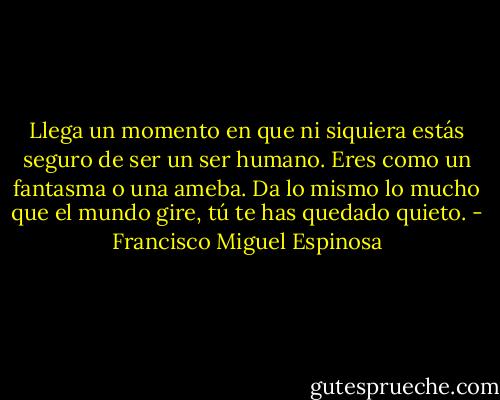 Llega un momento en que ni siquiera estás seguro de ser un ser humano. Eres como un fantasma o una ameba. Da lo mismo lo mucho que el mundo gire, tú te has quedado quieto. - Francisco Miguel Espinosa