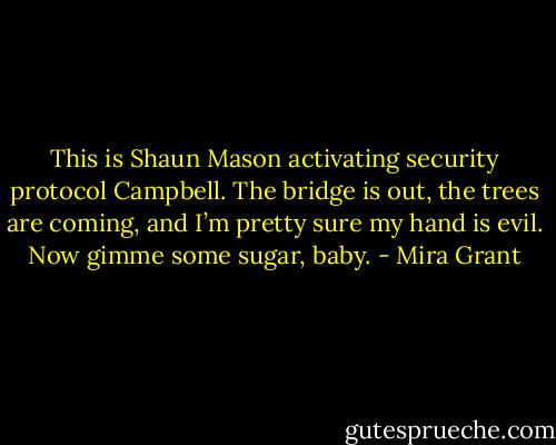 This is Shaun Mason activating security protocol Campbell. The bridge is out, the trees are coming, and I’m pretty sure my hand is evil. Now gimme some sugar, baby. - Mira Grant