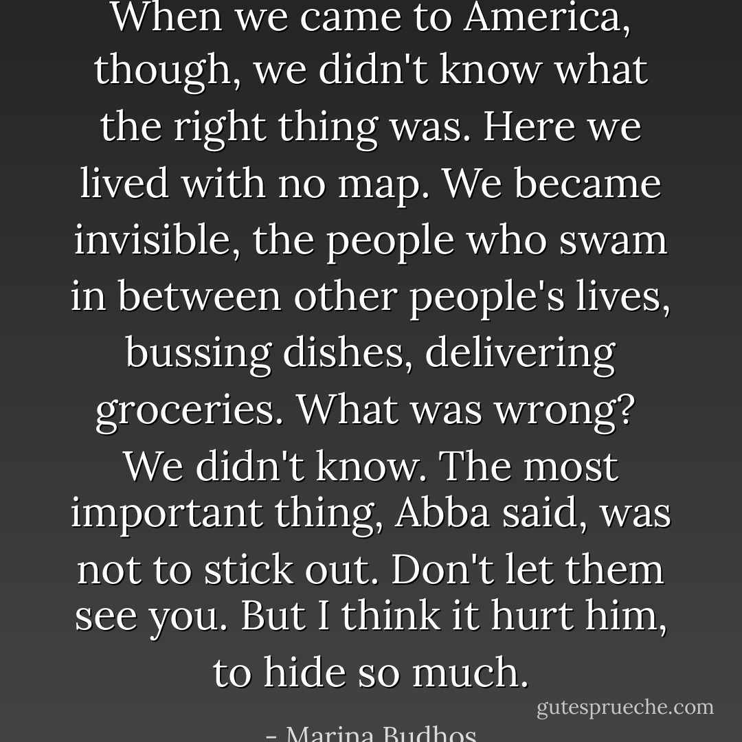 When we came to America, though, we didn't know what the right thing was. Here we lived with no map. We became invisible, the people who swam in between other people's lives, bussing dishes, delivering groceries. What was wrong?<br /><br />We didn't know. The most important thing, Abba said, was not to stick out. Don't let them see you. But I think it hurt him, to hide so much. - Marina Budhos