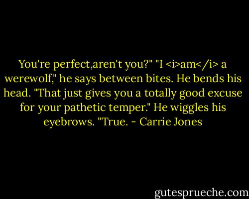 You're perfect,aren't you?"<br />"I <i>am</i> a werewolf," he says between bites. He bends his head.<br />"That just gives you a totally good excuse for your pathetic temper."<br />He wiggles his eyebrows. "True. - Carrie Jones