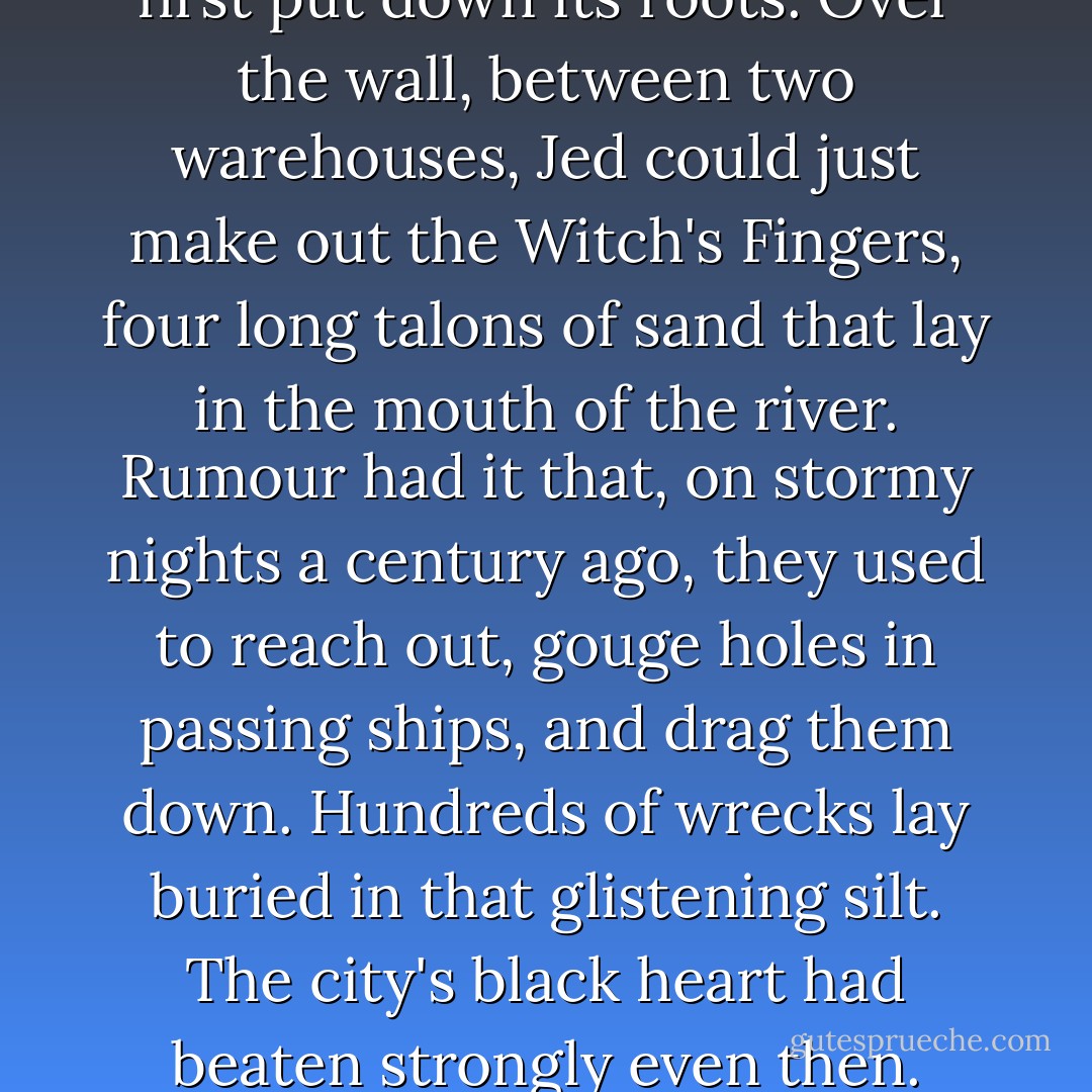 Vasco bought a bottle of vodka to celebrate and they drank it in the old sailors' graveyard in Mangrove South. This was where the funeral business had first put down its roots. Over the wall, between two warehouses, Jed could just make out the Witch's Fingers, four long talons of sand that lay in the mouth of the river. Rumour had it that, on stormy nights a century ago, they used to reach out, gouge holes in passing ships, and drag them down. Hundreds of wrecks lay buried in that glistening silt. The city's black heart had beaten strongly even then. There was one funeral director, supposedly, who used to put lamps out on the Fingers and lure ships to their doom. - Rupert Thomson