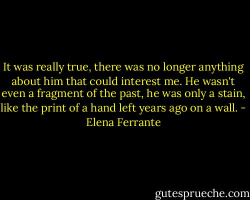 It was really true, there was no longer anything about him that could interest me. He wasn't even a fragment of the past, he was only a stain, like the print of a hand left years ago on a wall. - Elena Ferrante