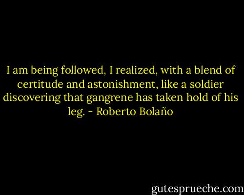 I am being followed, I realized, with a blend of certitude and astonishment, like a soldier discovering that gangrene has taken hold of his leg. - Roberto Bolaño