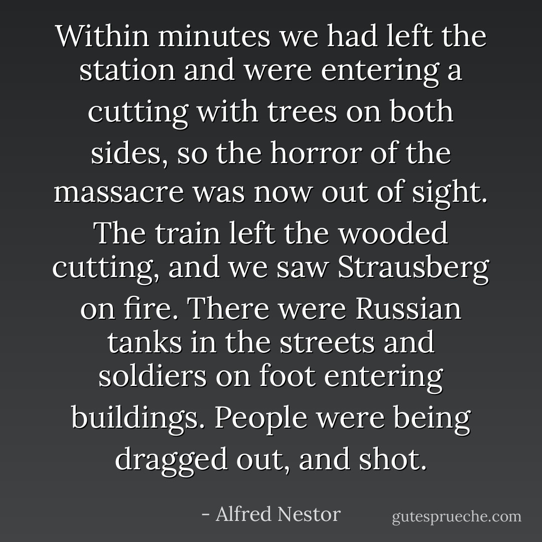 Within minutes we had left the station and were entering a cutting with trees on both sides, so the horror of the massacre was now out of sight. The train left the wooded cutting, and we saw Strausberg on fire. There were Russian tanks in the streets and soldiers on foot entering buildings. People were being dragged out, and shot. - Alfred Nestor