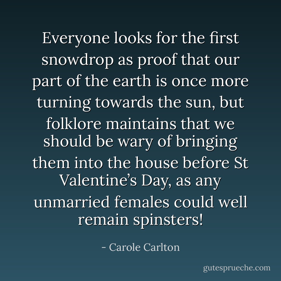 Everyone looks for the first snowdrop as proof that our part of the earth is once more turning towards the sun, but folklore maintains that we should be wary of bringing them into the house before St Valentine’s Day, as any unmarried females could well remain spinsters! - Carole Carlton