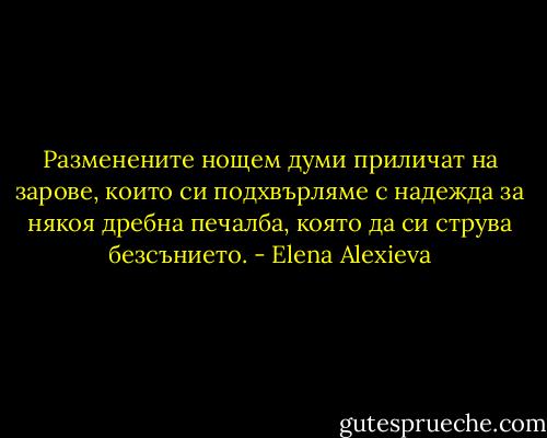Разменените нощем думи приличат на зарове, които си подхвърляме с надежда за някоя дребна печалба, която да си струва безсънието. - Elena Alexieva
