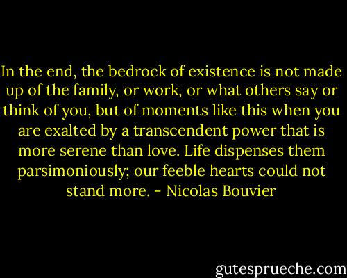 In the end, the bedrock of existence is not made up of the family, or work, or what others say or think of you, but of moments like this when you are exalted by a transcendent power that is more serene than love. Life dispenses them parsimoniously; our feeble hearts could not stand more. - Nicolas Bouvier