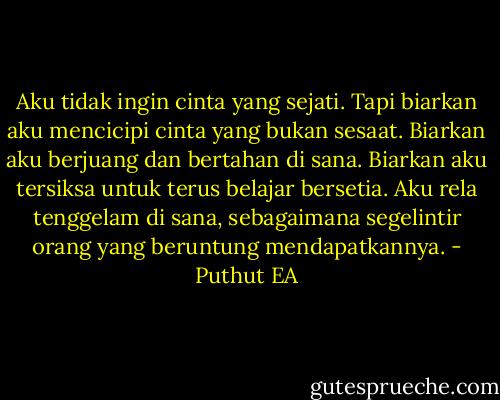 Aku tidak ingin cinta yang sejati. Tapi biarkan aku mencicipi cinta yang bukan sesaat. Biarkan aku berjuang dan bertahan di sana. Biarkan aku tersiksa untuk terus belajar bersetia. Aku rela tenggelam di sana, sebagaimana segelintir orang yang beruntung mendapatkannya. - Puthut EA