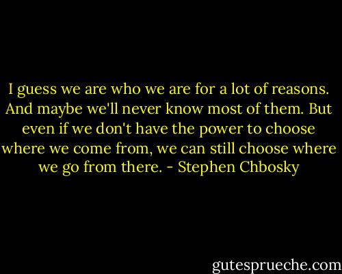 I guess we are who we are for a lot of reasons. And maybe we'll never know most of them. But even if we don't have the power to choose where we come from, we can still choose where we go from there. - Stephen Chbosky