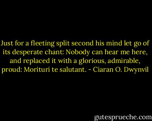 Just for a fleeting split second his mind let go of its desperate chant: Nobody can hear me here, and replaced it with a glorious, admirable, proud: Morituri te salutant. - Ciaran O. Dwynvil