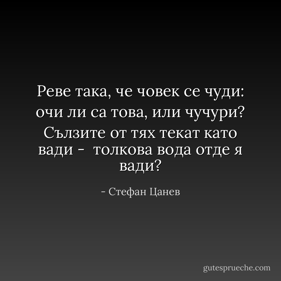 Реве така, че човек се чуди:<br />очи ли са това, или чучури?<br />Сълзите от тях текат като вади - <br />толкова вода отде я вади? - Стефан Цанев