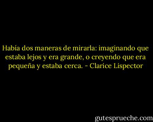 Había dos maneras de mirarla: imaginando que estaba lejos y era grande, o creyendo que era pequeña y estaba cerca. - Clarice Lispector