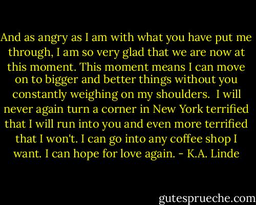 And as angry as I am with what you have put me through, I am so very glad that we are now at this moment. This moment means I can move on to bigger and better things without you constantly weighing on my shoulders. <br />I will never again turn a corner in New York terrified that I will run into you and even more terrified that I won't. I can go into any coffee shop I want. I can hope for love again. - K.A. Linde