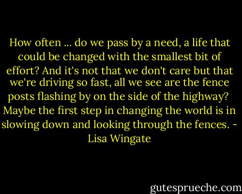 How often ... do we pass by a need, a life that could be changed with the smallest bit of effort? And it's not that we don't care but that we're driving so fast, all we see are the fence posts flashing by on the side of the highway?<br /><br />Maybe the first step in changing the world is in slowing down and looking through the fences. - Lisa Wingate