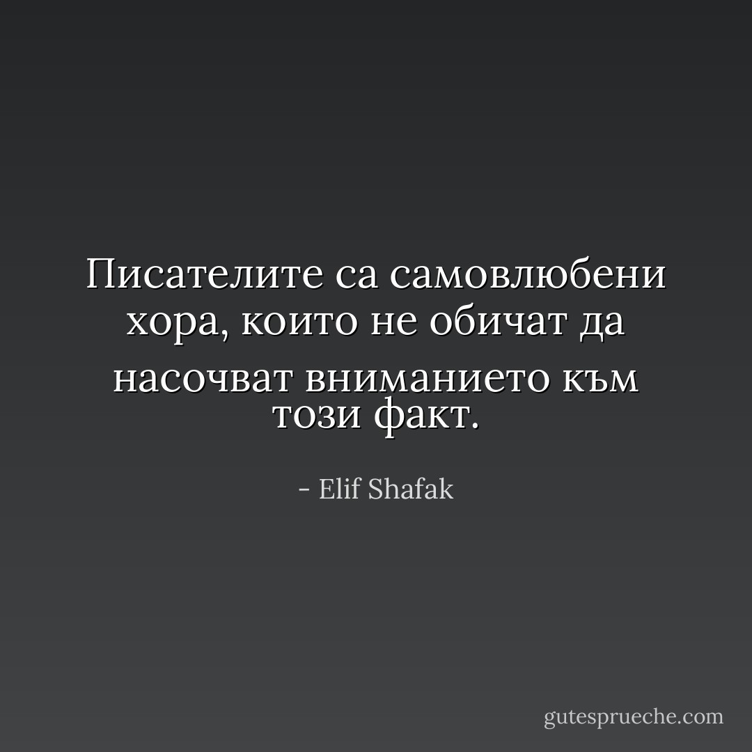 Писателите са самовлюбени хора, които не обичат да насочват вниманието към този факт. - Elif Shafak