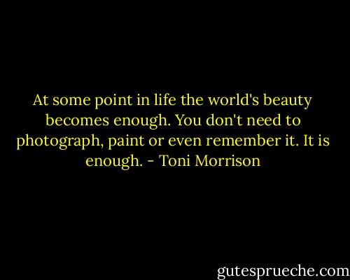 At some point in life the world's beauty becomes enough. You don't need to photograph, paint or even remember it. It is enough. - Toni Morrison