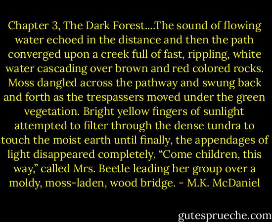Chapter 3, The Dark Forest....The sound of flowing water echoed in the distance and then the path converged upon a creek full of fast, rippling, white water cascading over brown and red colored rocks. Moss dangled across the pathway and swung back and forth as the trespassers moved under the green vegetation. Bright yellow fingers of sunlight attempted to filter through the dense tundra to touch the moist earth until finally, the appendages of light disappeared completely. “Come children, this way,” called Mrs. Beetle leading her group over a moldy, moss-laden, wood bridge. - M.K. McDaniel