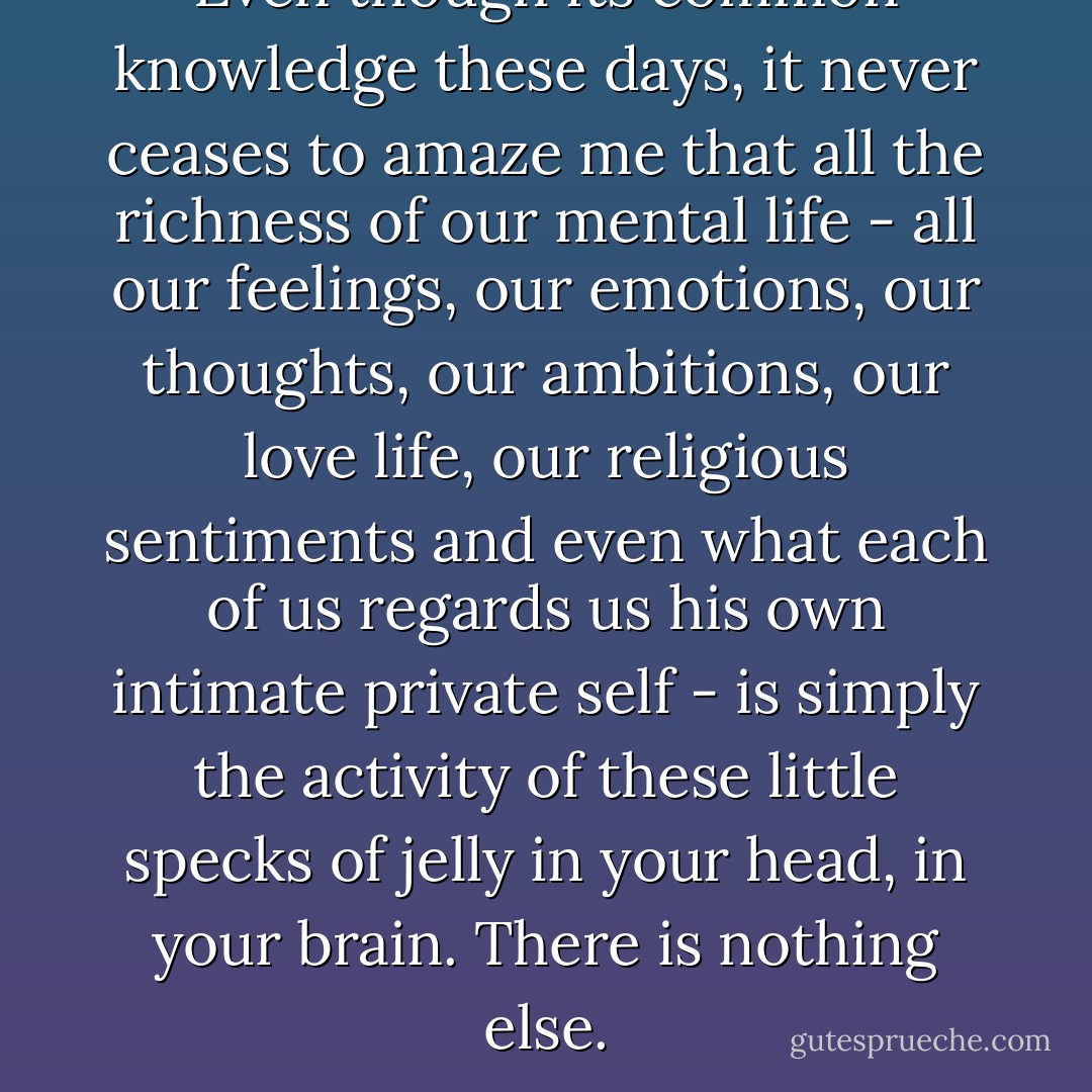 Even though its common knowledge these days, it never ceases to amaze me that all the richness of our mental life - all our feelings, our emotions, our thoughts, our ambitions, our love life, our religious sentiments and even what each of us regards us his own intimate private self - is simply the activity of these little specks of jelly in your head, in your brain. There is nothing else. - V.S. Ramachandran