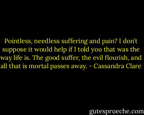 Pointless, needless suffering and pain? I don’t suppose it would help if I told you that was the way life is. The good suffer, the evil flourish, and all that is mortal passes away. - Cassandra Clare