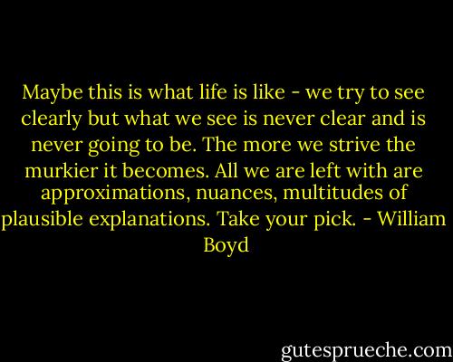 Maybe this is what life is like - we try to see clearly but what we see is never clear and is never going to be. The more we strive the murkier it becomes. All we are left with are approximations, nuances, multitudes of plausible explanations. Take your pick. - William  Boyd
