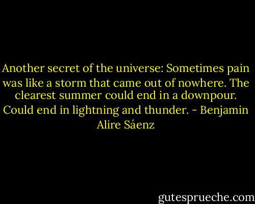 Another secret of the universe: Sometimes pain was like a storm that came out of nowhere. The clearest summer could end in a downpour. Could end in lightning and thunder. - Benjamin Alire Sáenz