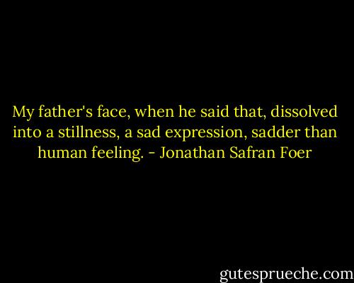 My father's face, when he said that, dissolved into a stillness, a sad expression, sadder than human feeling. - Jonathan Safran Foer