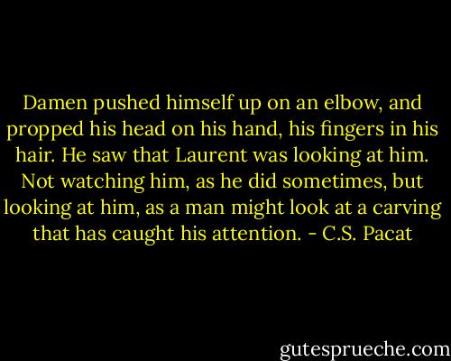 Damen pushed himself up on an elbow, and propped his head on his hand, his fingers in his hair. He saw that Laurent was looking at him. Not watching him, as he did sometimes, but looking at him, as a man might look at a carving that has caught his attention. - C.S. Pacat