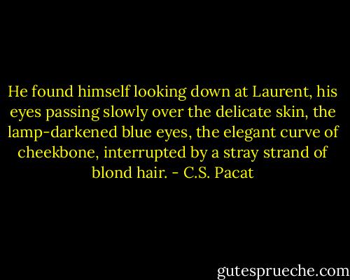 He found himself looking down at Laurent, his eyes passing slowly over the delicate skin, the lamp-darkened blue eyes, the elegant curve of cheekbone, interrupted by a stray strand of blond hair. - C.S. Pacat