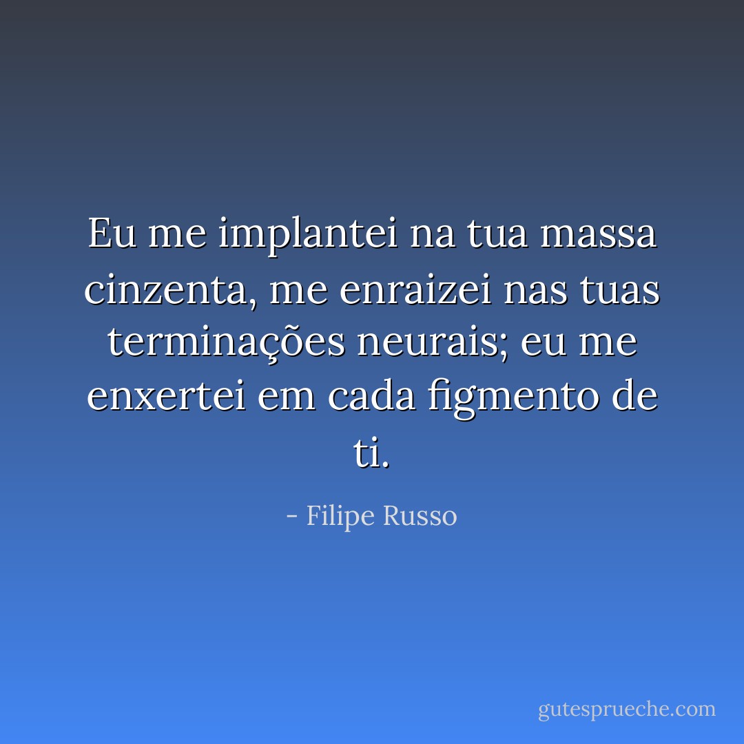Eu me implantei na tua massa cinzenta, me enraizei nas tuas terminações neurais; eu me enxertei em cada figmento de ti. - Filipe Russo