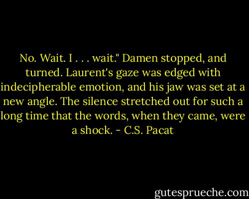 No. Wait. I . . . wait."<br />Damen stopped, and turned. Laurent's<br />gaze was edged with indecipherable<br />emotion, and his jaw was set<br />at a new angle. The silence stretched out<br />for such a long time that the words, when<br />they came, were a shock. - C.S. Pacat