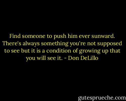 Find someone to push him ever sunward. There's always something you're not supposed to see but it is a condition of growing up that you will see it. - Don DeLillo