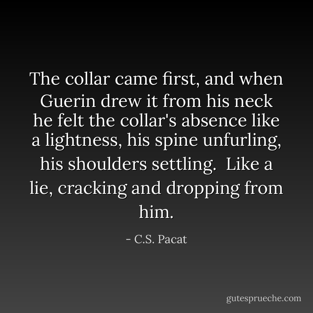 The collar came first, and when Guerin drew it from his neck he felt the collar's absence like a lightness, his spine unfurling, his shoulders settling.<br /><br />Like a lie, cracking and dropping from him. - C.S. Pacat
