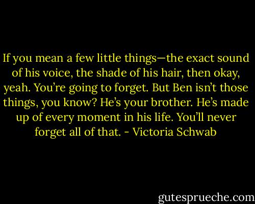 If you mean a few little things—the exact sound of his voice, the shade of his hair, then okay, yeah. You’re going to forget. But Ben isn’t those things, you know? He’s your brother. He’s made up of every moment in his life. You’ll never forget all of that. - Victoria Schwab