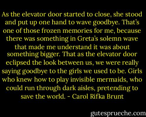 As the elevator door started to close, she stood and put up one hand to wave goodbye. That’s one of those frozen memories for me, because there was something in Greta’s solemn wave that made me understand it was about something bigger. That as the elevator door eclipsed the look between us, we were really saying goodbye to the girls we used to be. Girls who knew how to play invisible mermaids, who could run through dark aisles, pretending to save the world. - Carol Rifka Brunt